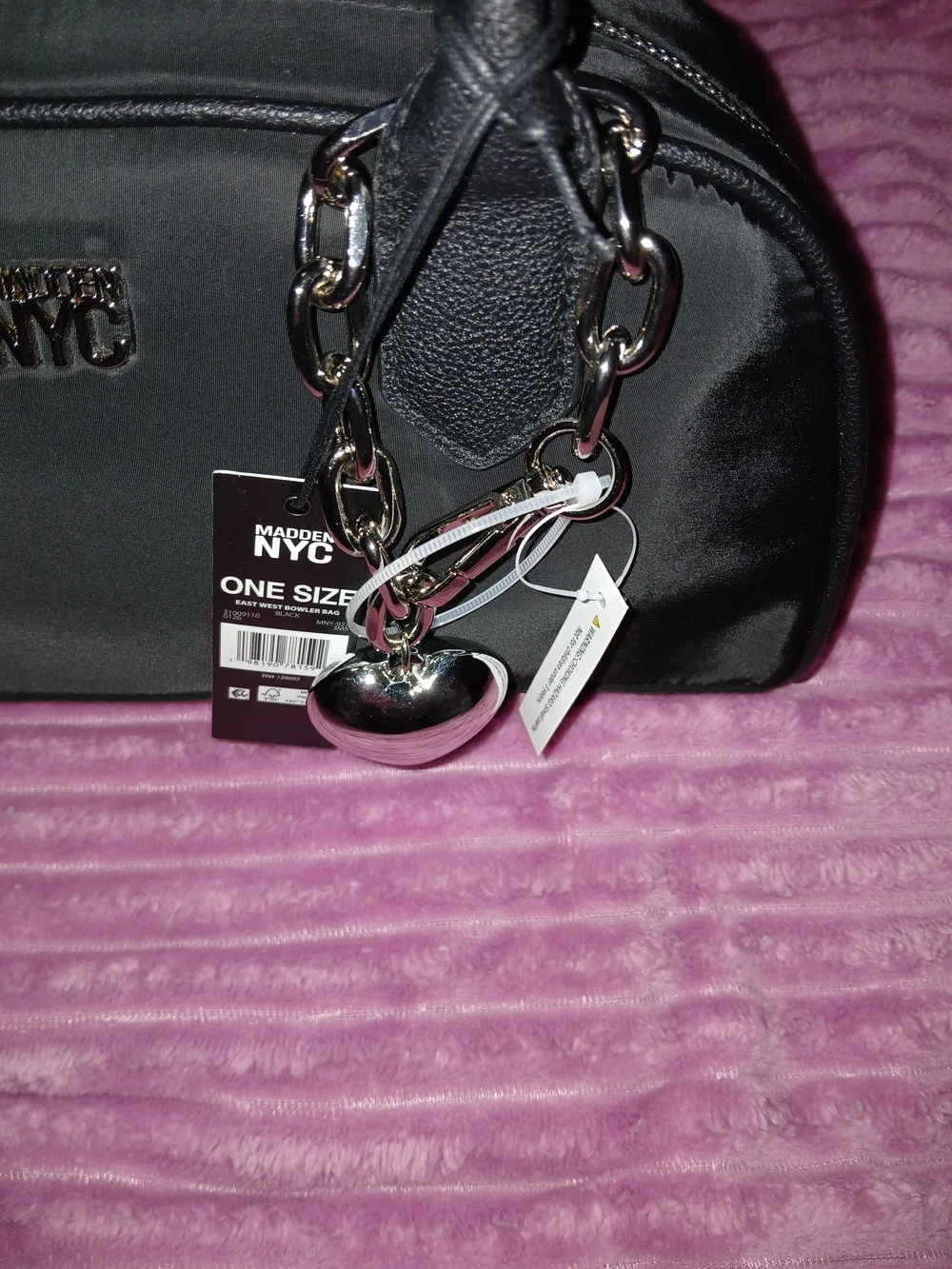 Madden NYC Black East West Bowler Bag Dome Satchel with Silver Heart Charm